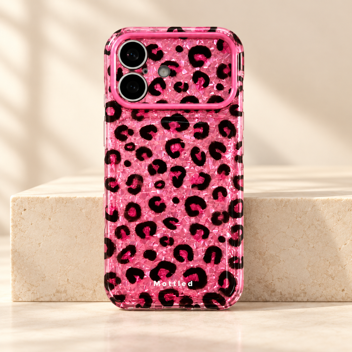 Glitter Leopard iPhone Case in Pink — full rear hero view
