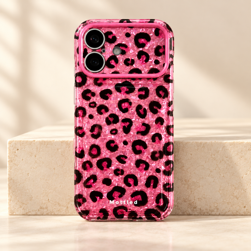 Glitter Leopard iPhone Case in Pink — full rear hero view