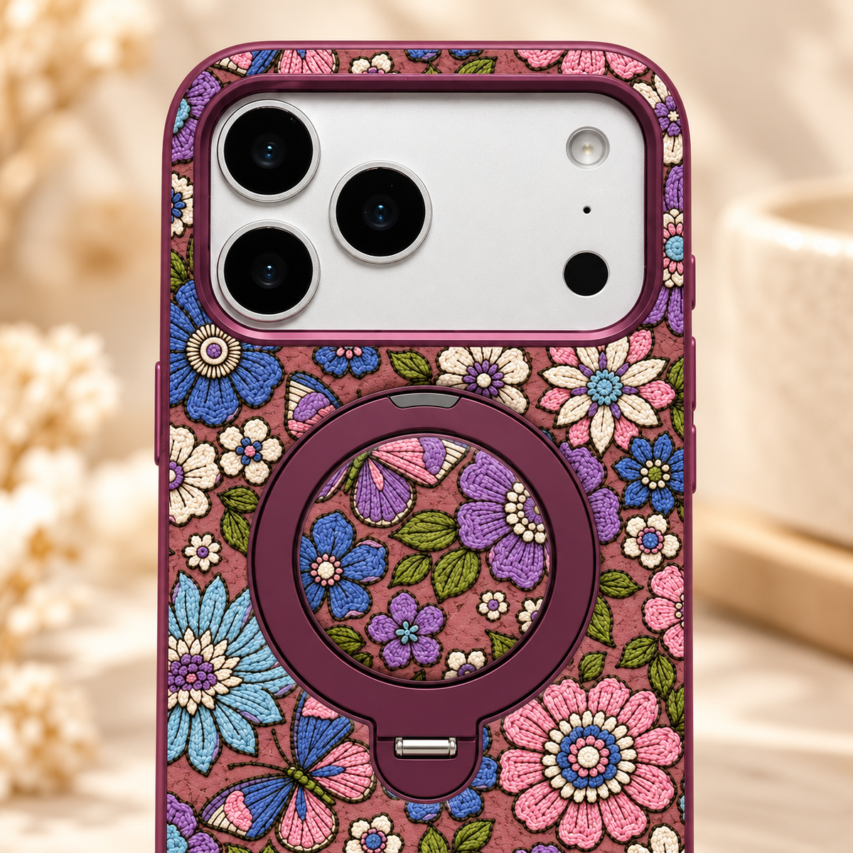 Plum Floral iPhone Case with Folding Ring Stand — camera surround and upper flowers