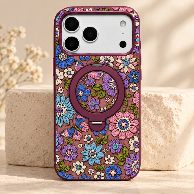 Plum Floral iPhone Case with Folding Ring Stand — full rear view with ring folded