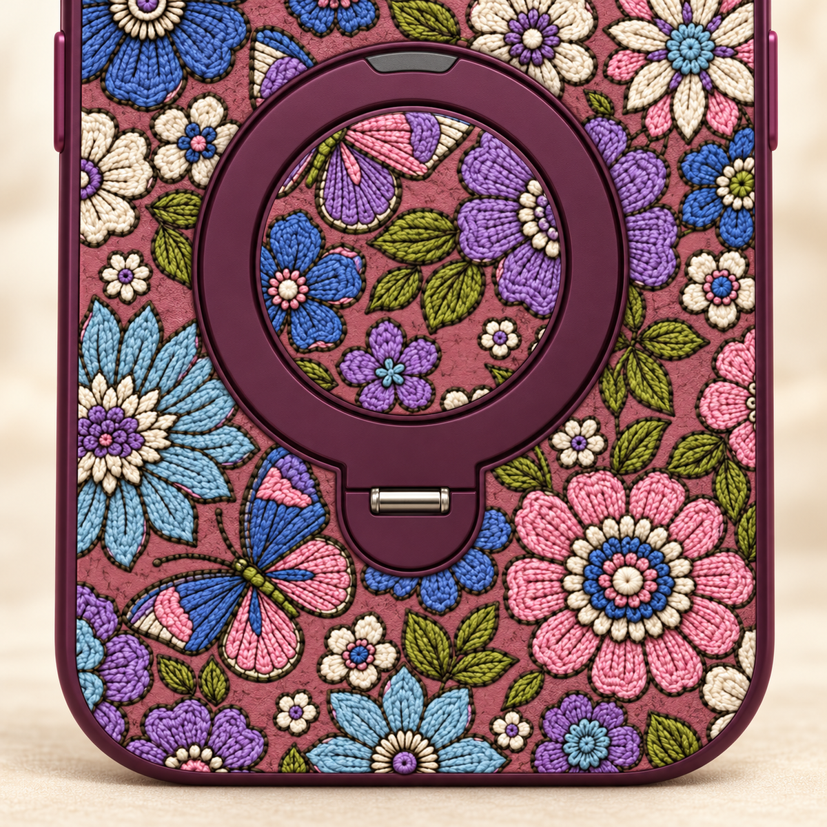 Plum Floral iPhone Case with Folding Ring Stand — folded ring hinge and tab close-up