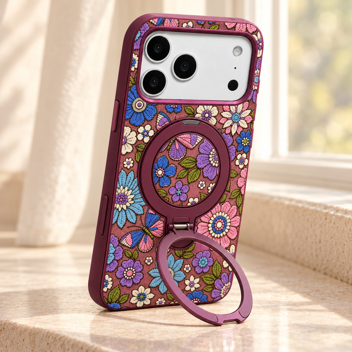 Plum Floral iPhone Case with Folding Ring Stand — portrait stand in a window-lit setting