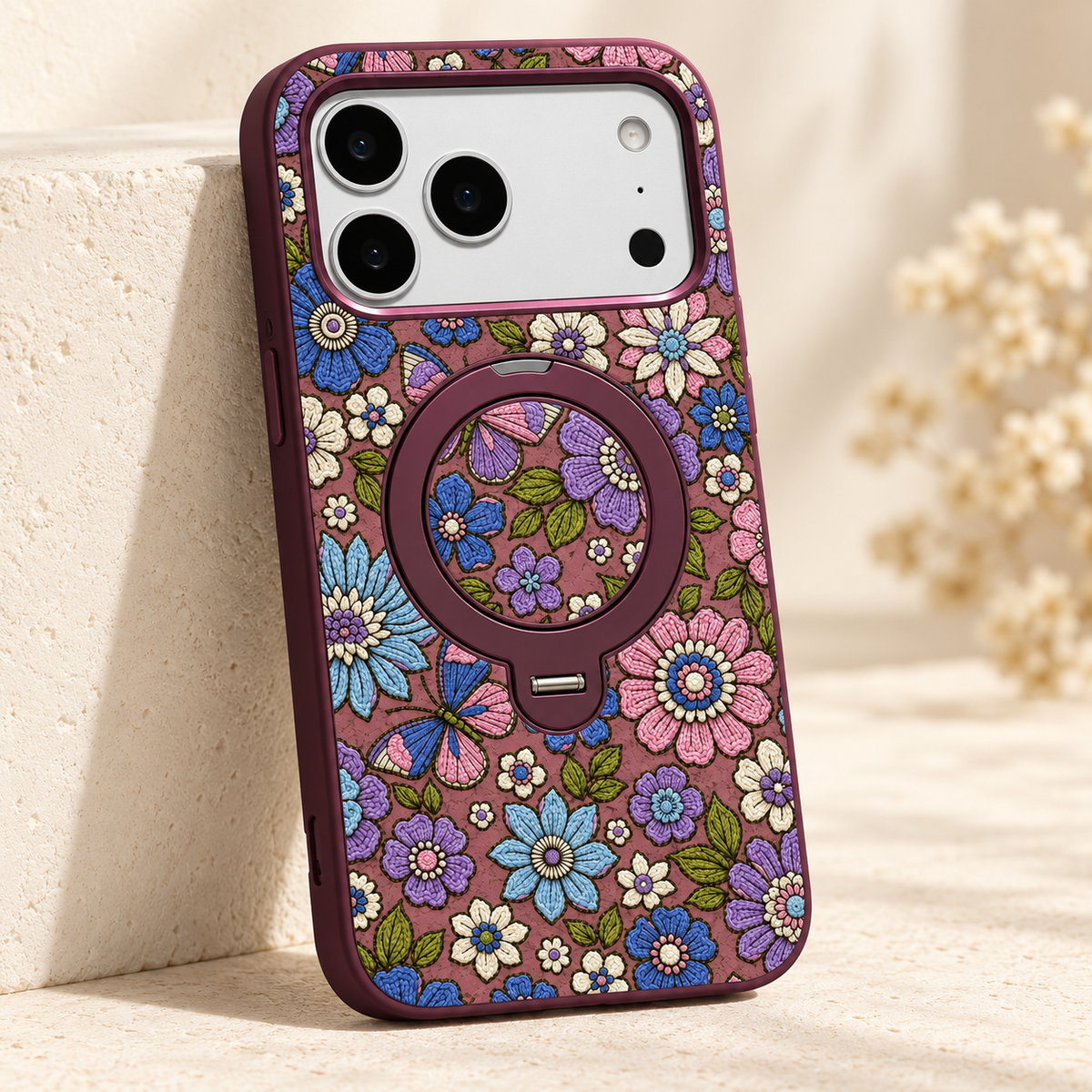 Plum Floral iPhone Case with Folding Ring Stand — slight rear angle with ring folded