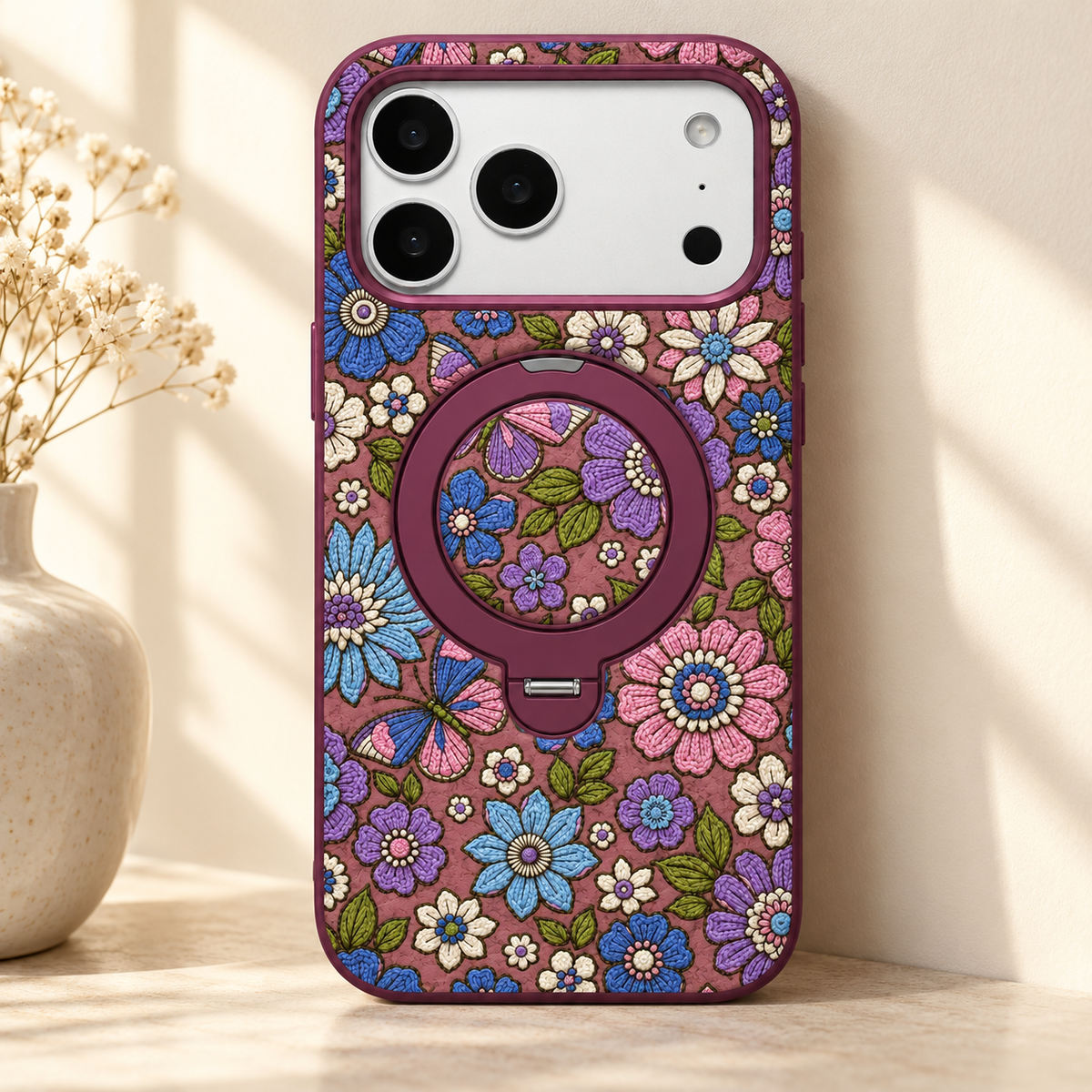 Plum Floral iPhone Case with Folding Ring Stand — window-lit rear view