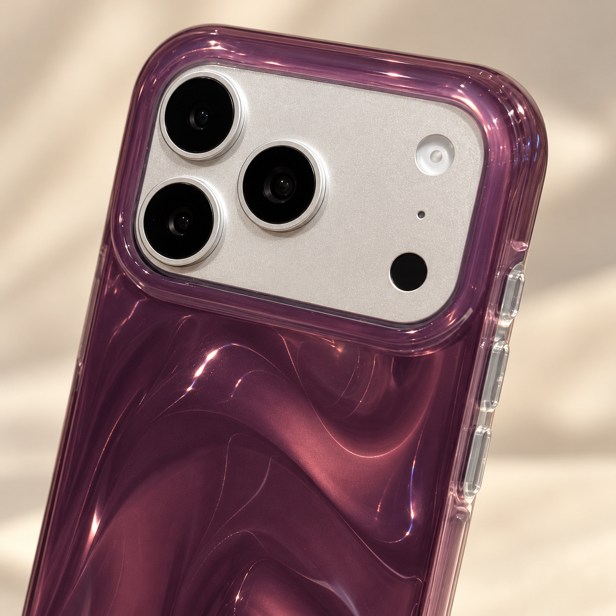 Plum Swirl Glossy iPhone Case — Plum, side controls detail