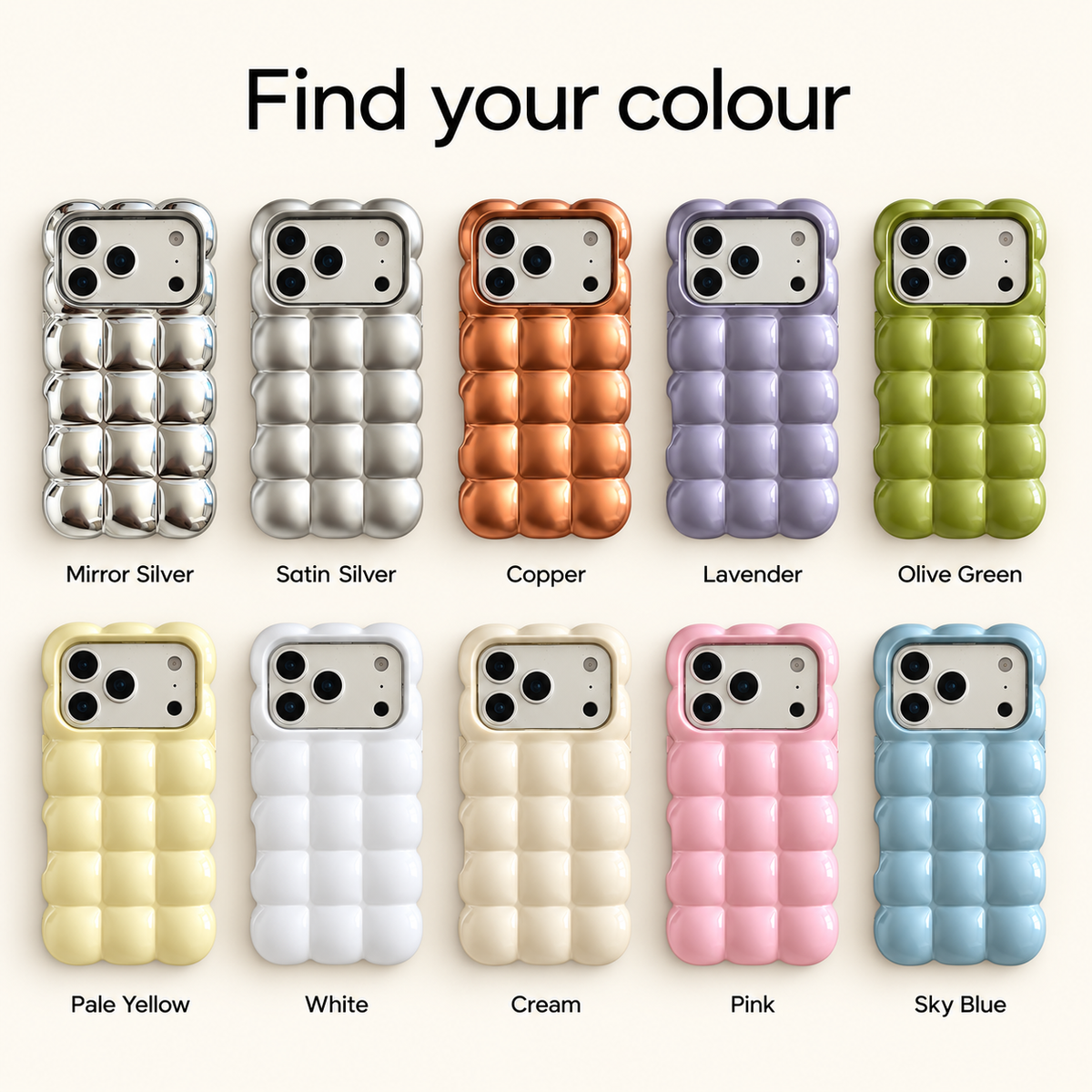 Puffy grid iPhone case colour guide showing ten finishes: Mirror Silver, Satin Silver, Copper, Lavender, Olive Green, Pale Yellow, White, Cream, Pink and Sky Blue.