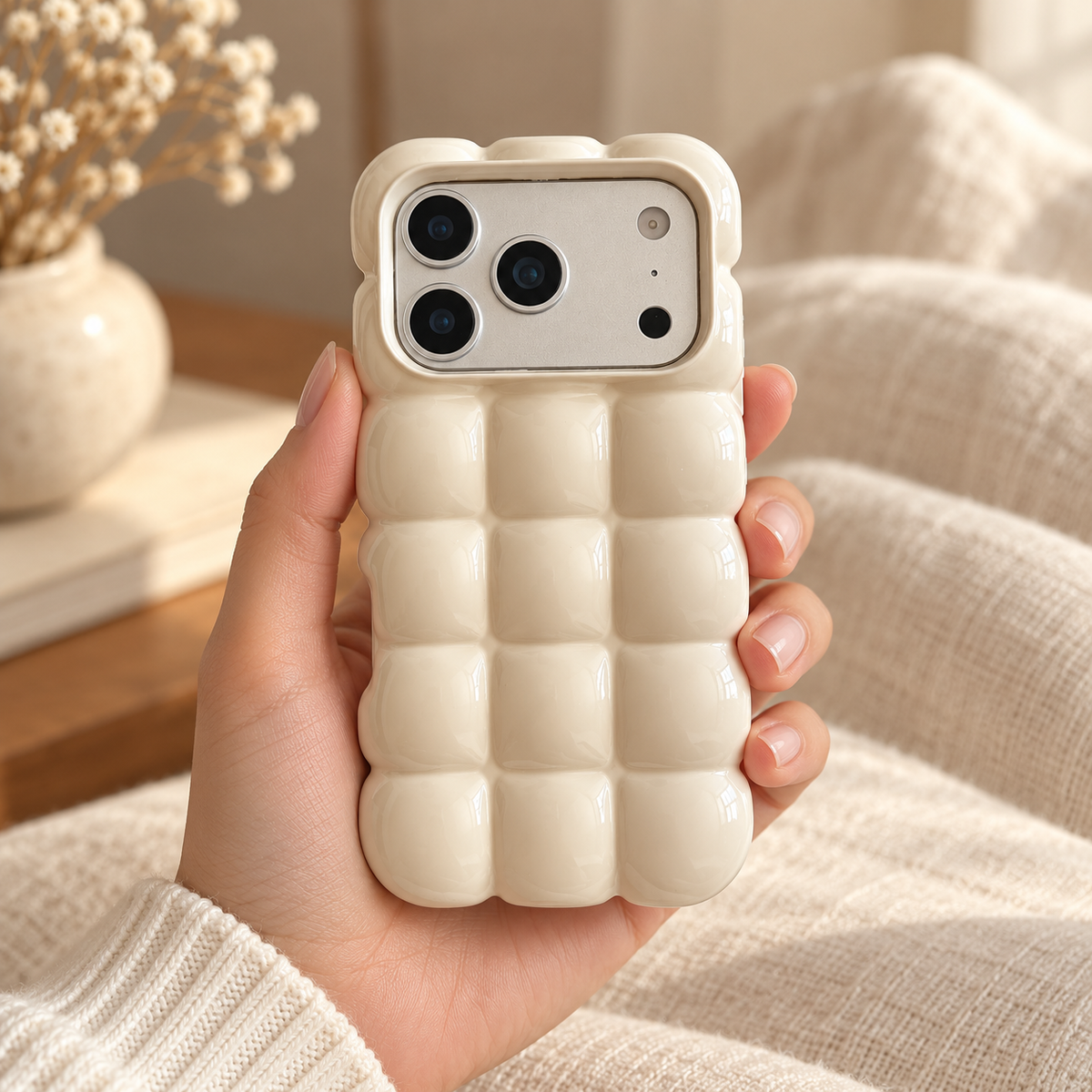 Cream puffy grid iPhone case with rounded-square back and scalloped edges — held upright in one hand.