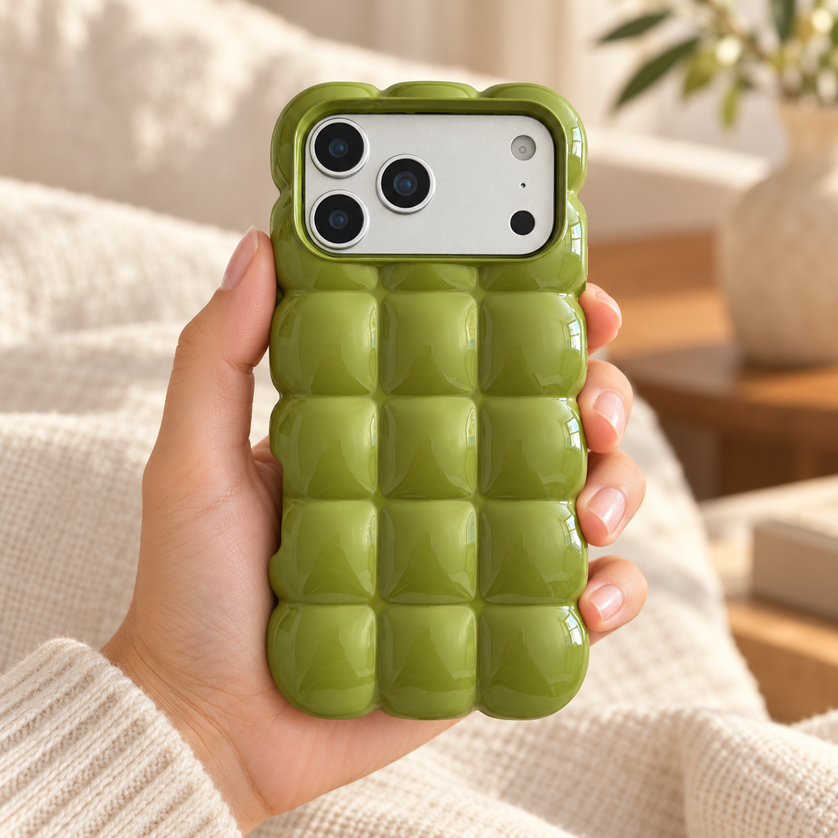 Olive Green puffy grid iPhone case with rounded-square back and scalloped edges — held upright in one hand.
