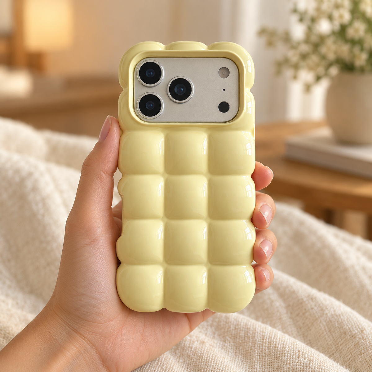 Pale Yellow puffy grid iPhone case with rounded-square back and scalloped edges — held upright in one hand.