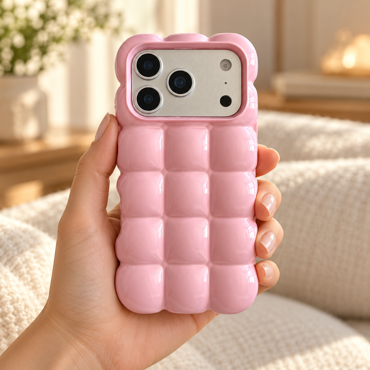 Pink puffy grid iPhone case with rounded-square back and scalloped edges — held upright in one hand.