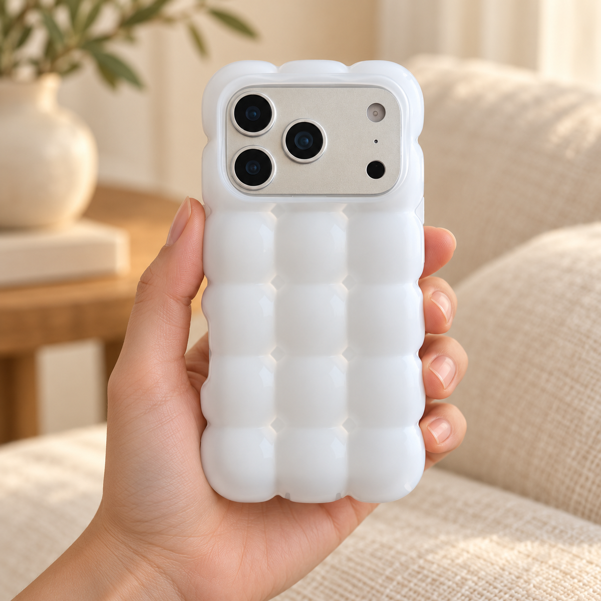 White puffy grid iPhone case with rounded-square back and scalloped edges — held upright in one hand.