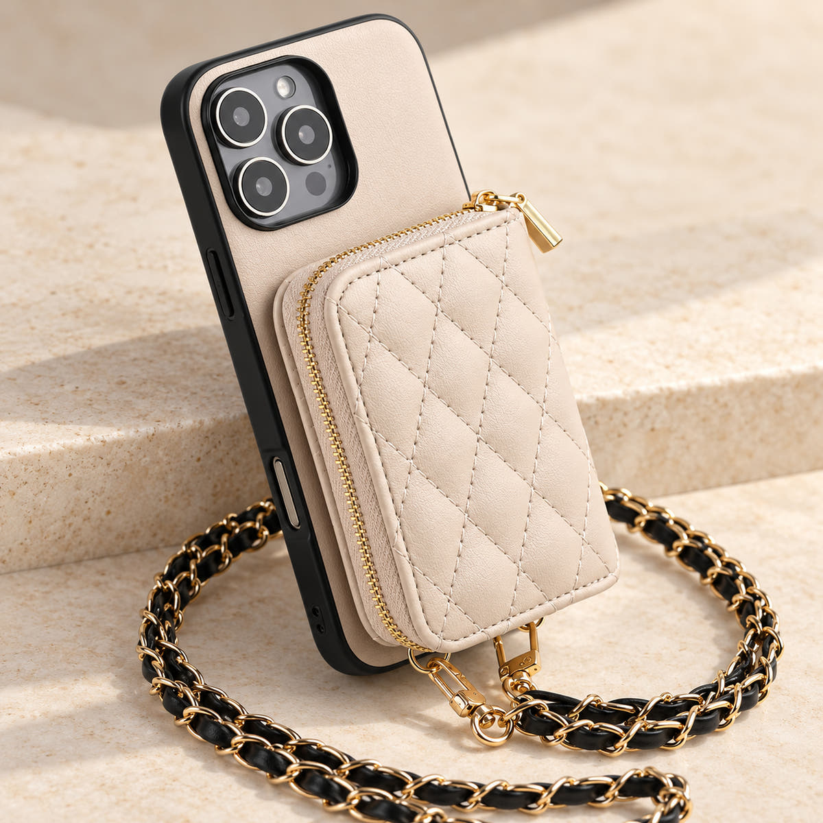Beige quilted iPhone wallet case — diamond quilting, stitching and gold zip detail