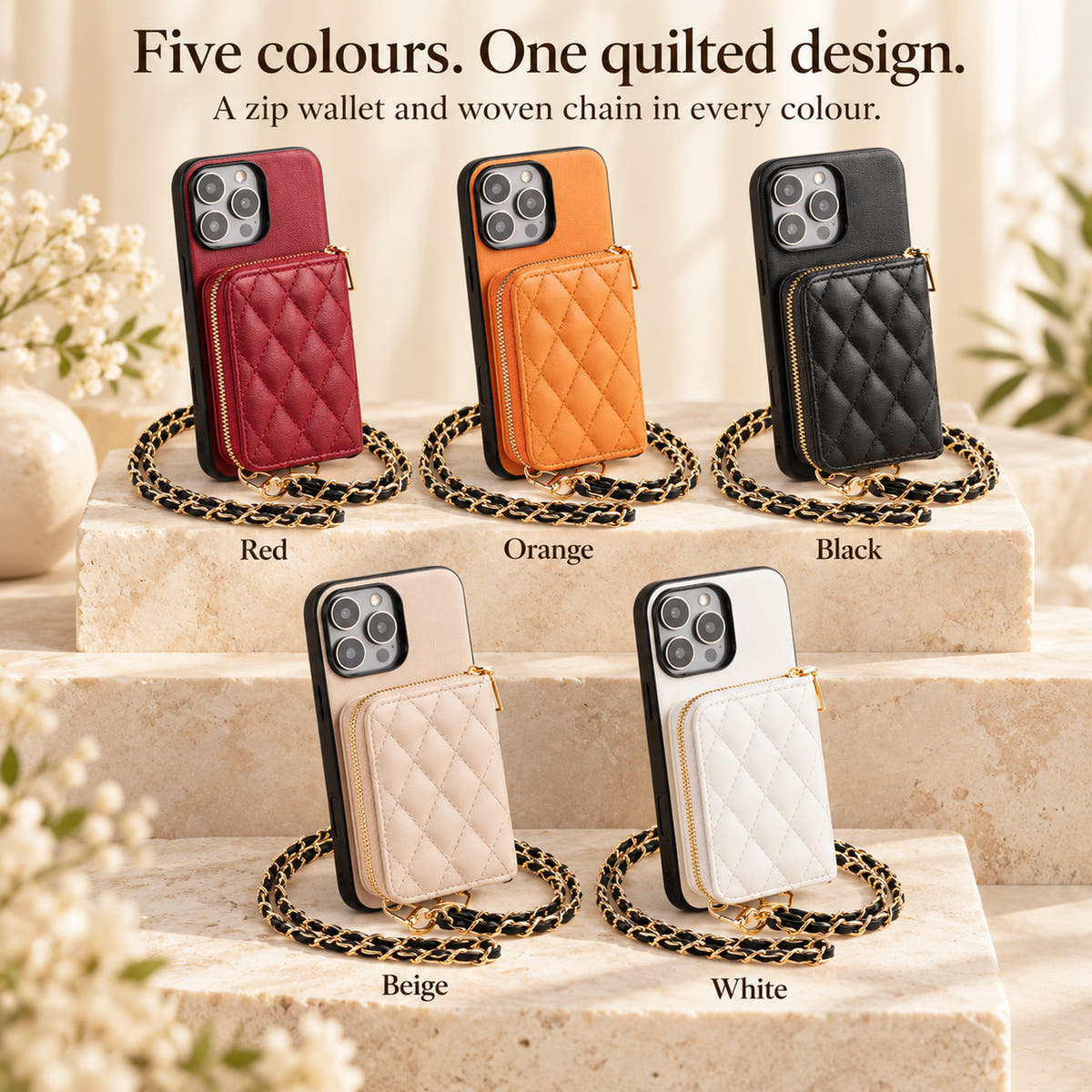 Quilted iPhone wallet case colour guide showing Red, Orange, Black, Beige and White