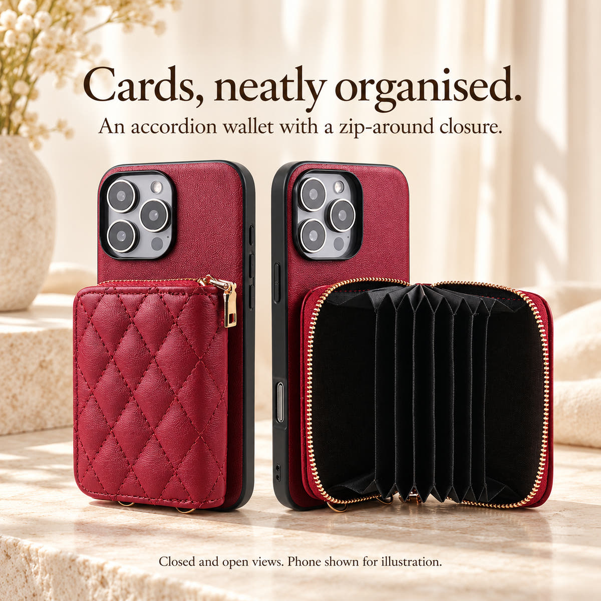 Red quilted iPhone wallet case shown closed and open with black accordion card compartments and a gold zip