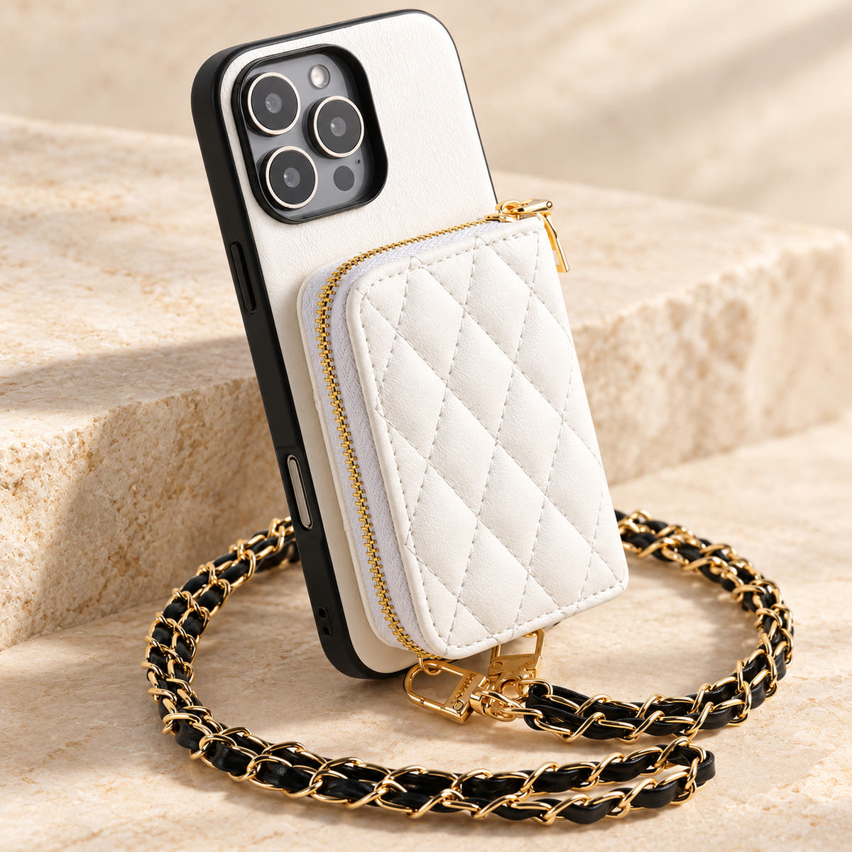 White quilted iPhone wallet case — diamond quilting, stitching and gold zip detail