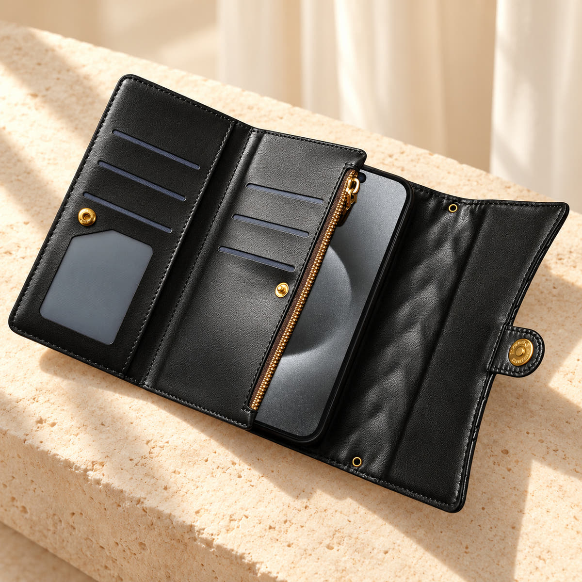 Open Black Quilted Zip Wallet iPhone case showing six card slots, the photo window, vertical zip pocket and plain snap-close flap.