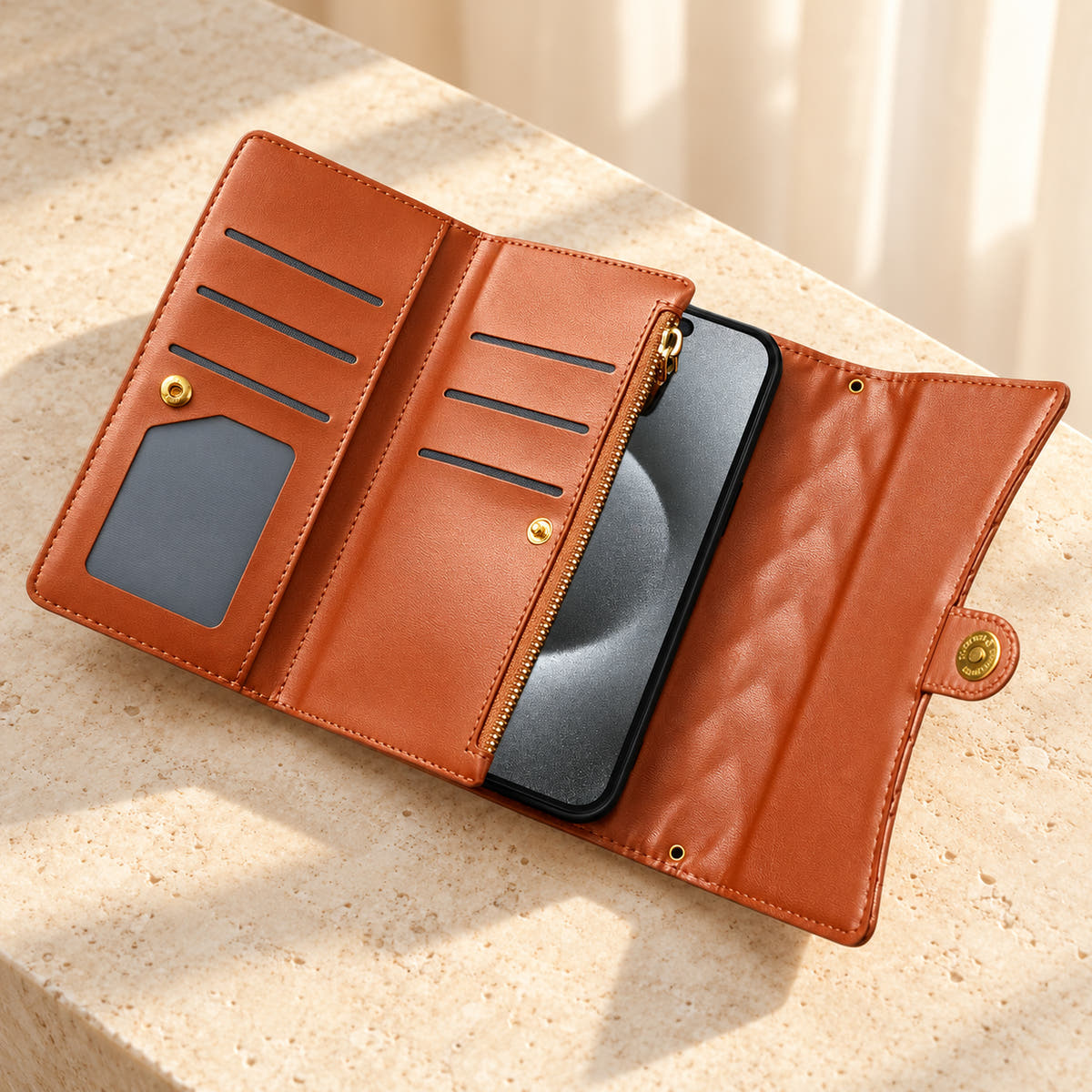 Open Brown Quilted Zip Wallet iPhone case showing six card slots, the photo window, vertical zip pocket and plain snap-close flap.