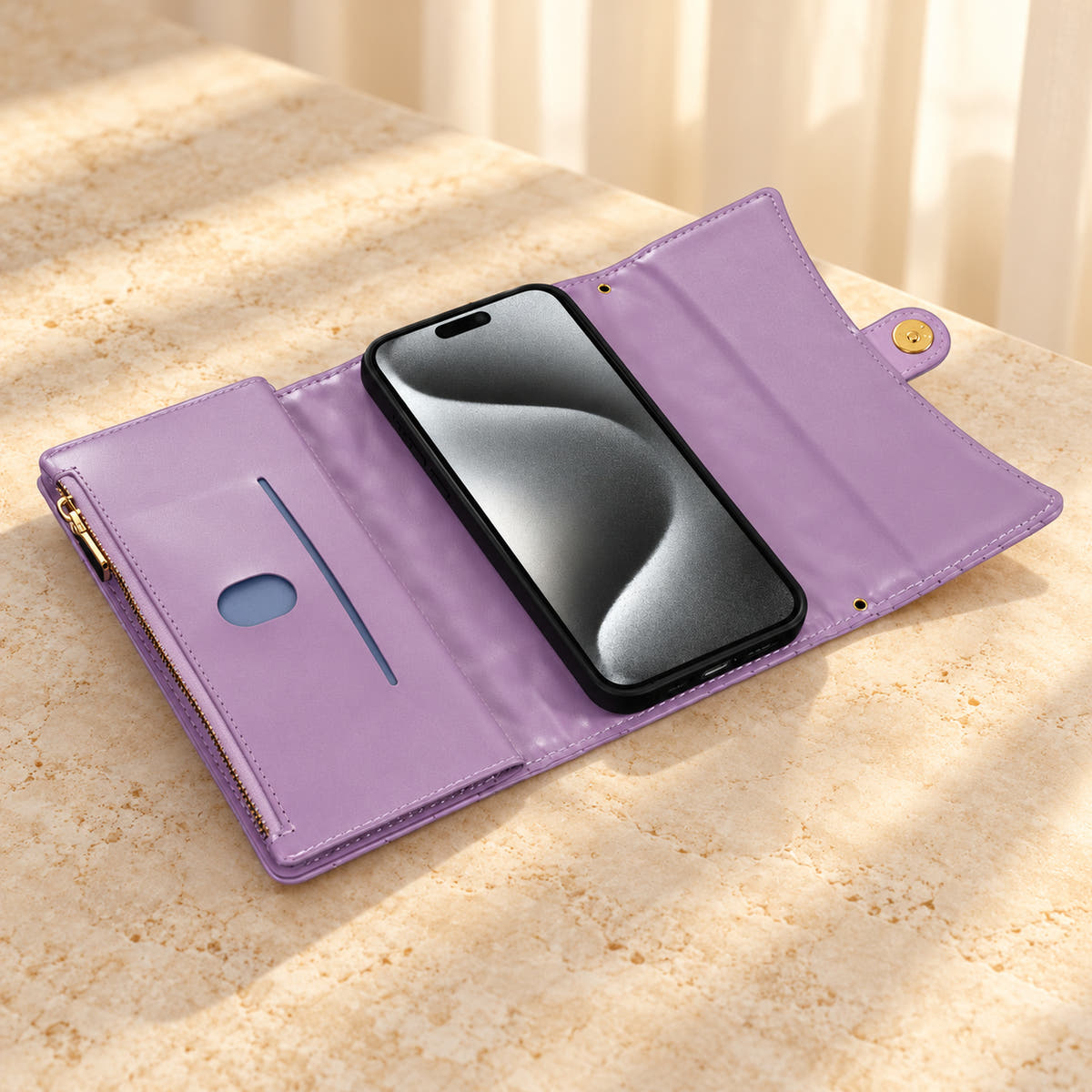 Open Lavender Quilted Zip Wallet iPhone case showing its folded inner wallet panel, slip opening, thumb opening, zip edge and plain closing flap.