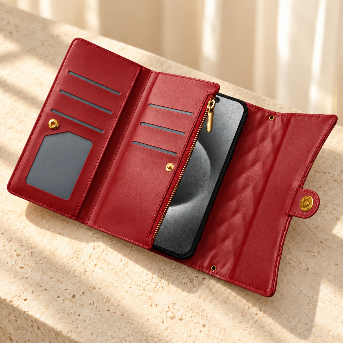 Open Red Quilted Zip Wallet iPhone case showing six card slots, the photo window, vertical zip pocket and plain snap-close flap.