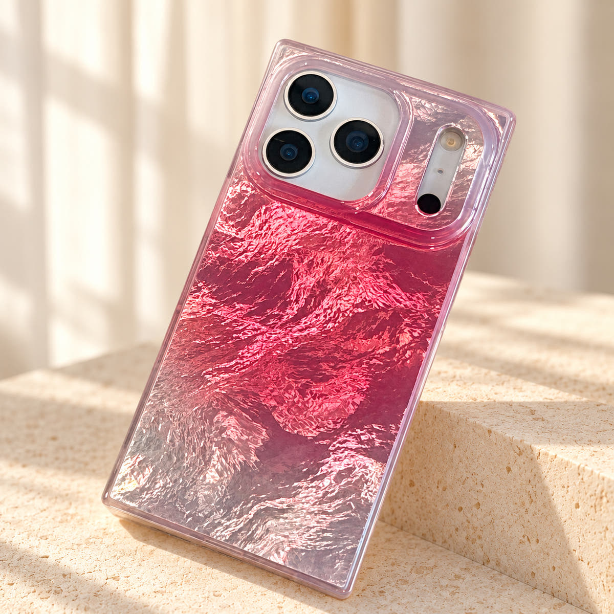 Radiant Wave case at a slight angle showing the glossy back and thin translucent border