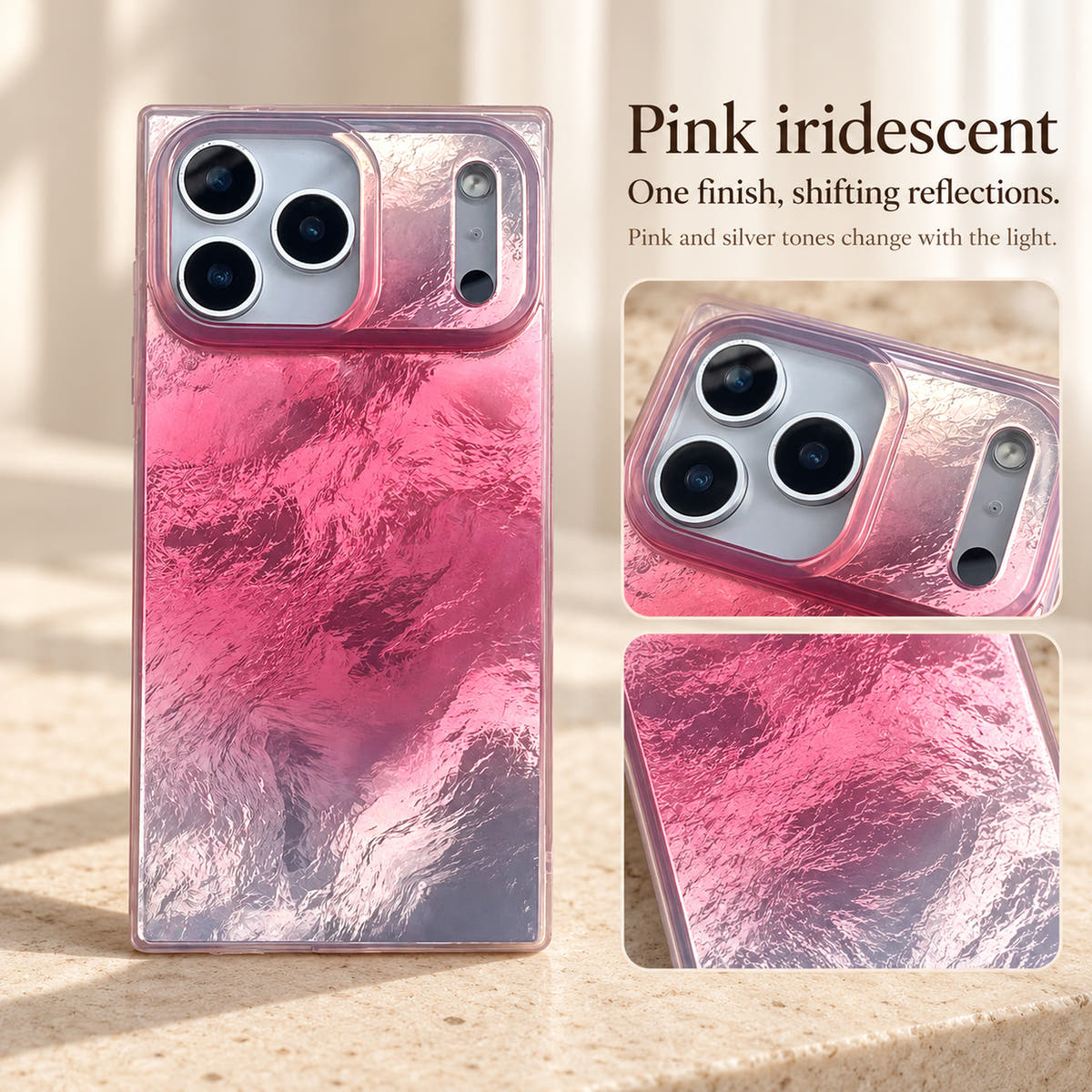 Radiant Wave finish guide showing pink and silver reflections within the single iridescent design