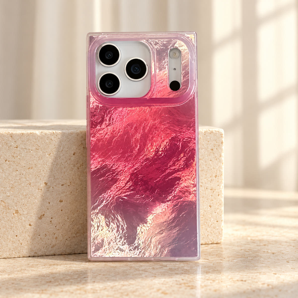 Radiant Wave case leaning against a cream limestone block