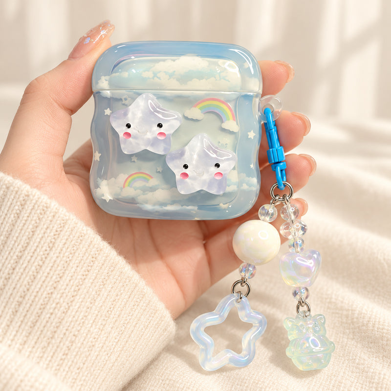 Rainbow Star AirPods case — hero with sky-blue cloud print, raised stars and iridescent charms