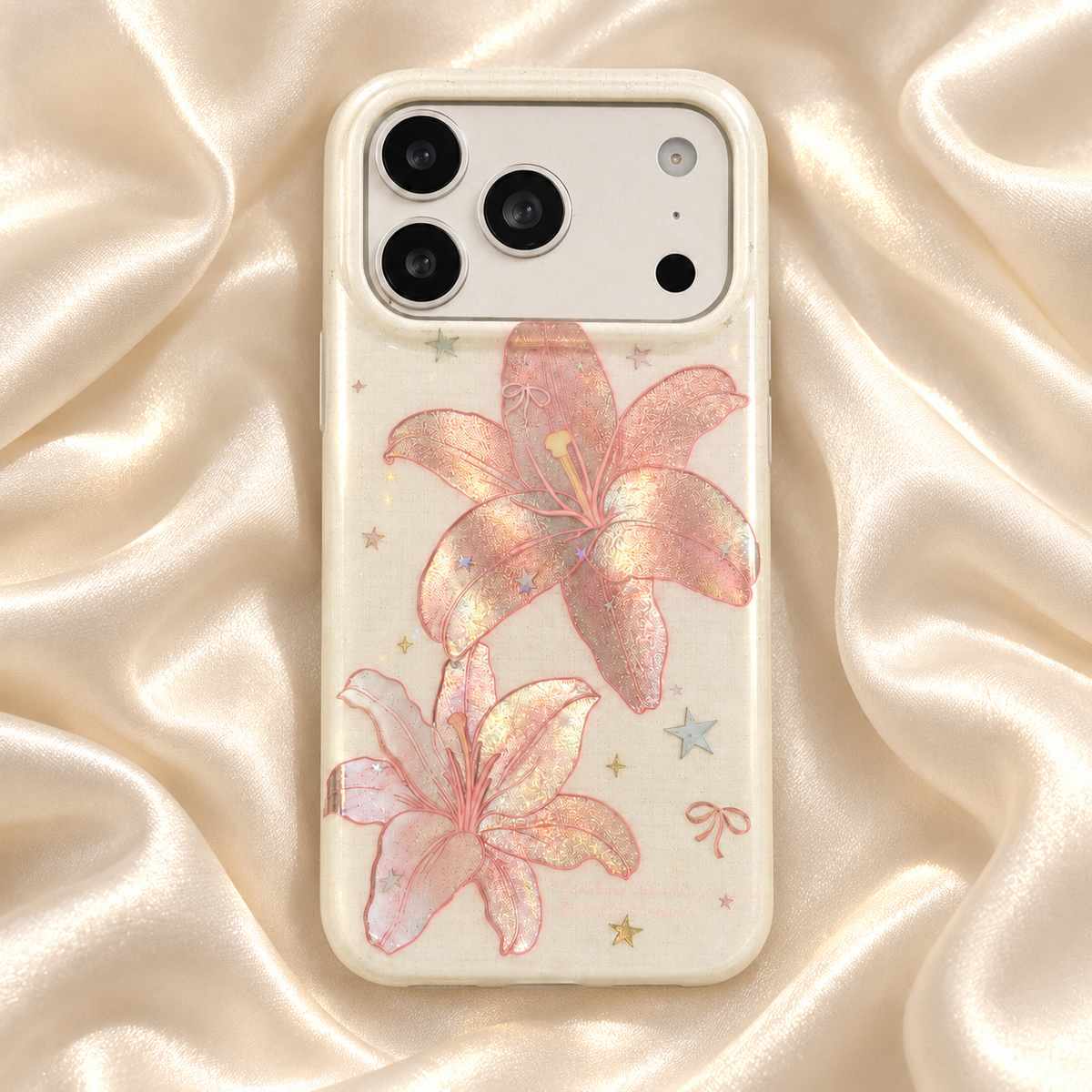 Blush Lily and Star case in a perpendicular rear view on ivory satin