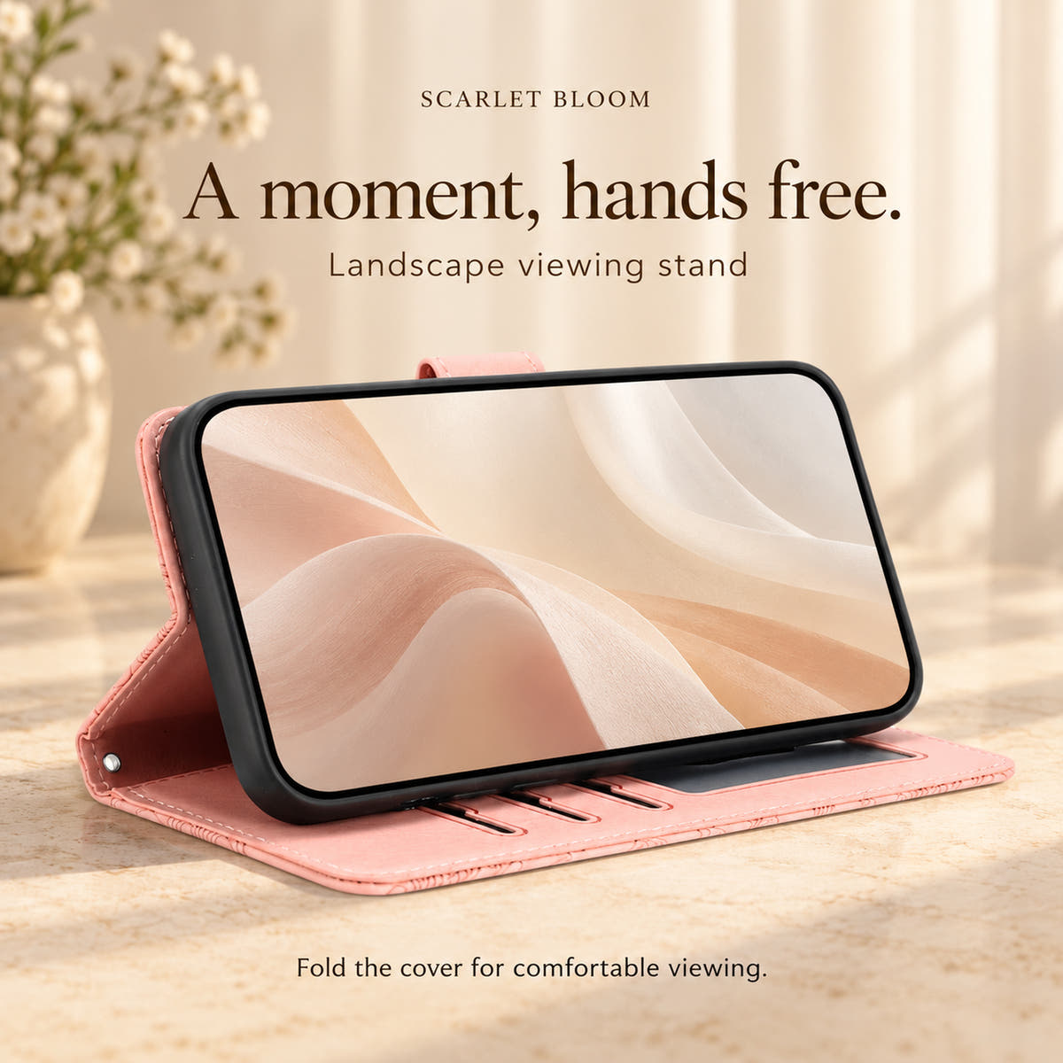Scarlet Bloom Pink wallet phone case folded into a landscape viewing stand, showing how the cover supports the phone.