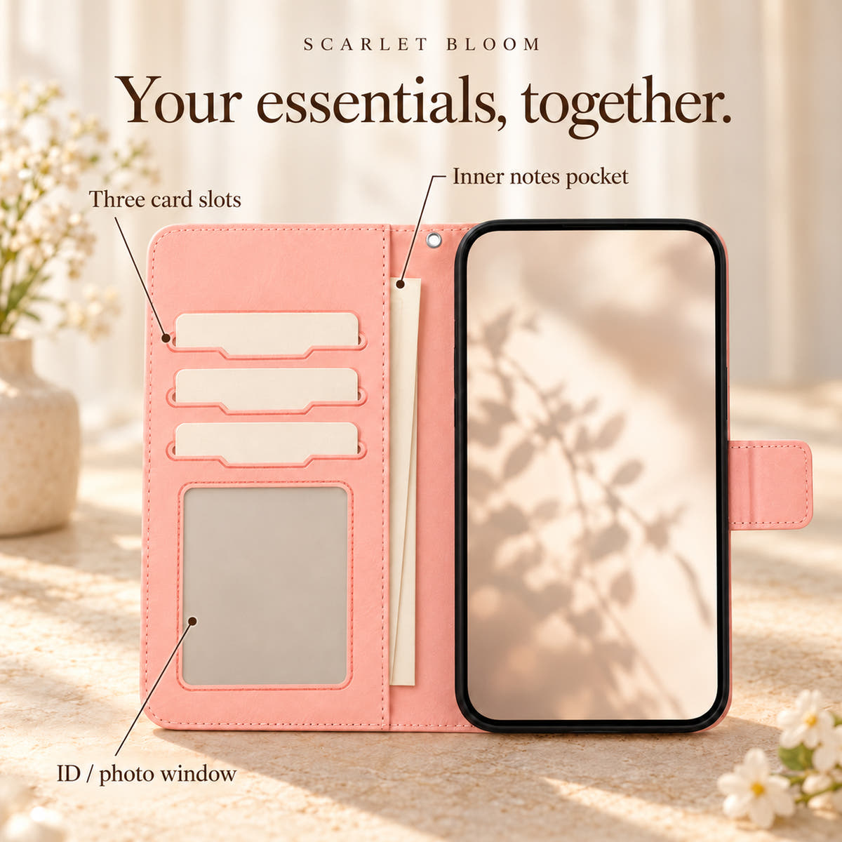 Scarlet Bloom Pink wallet case feature guide showing three card slots, an ID or photo window and inner notes pocket.
