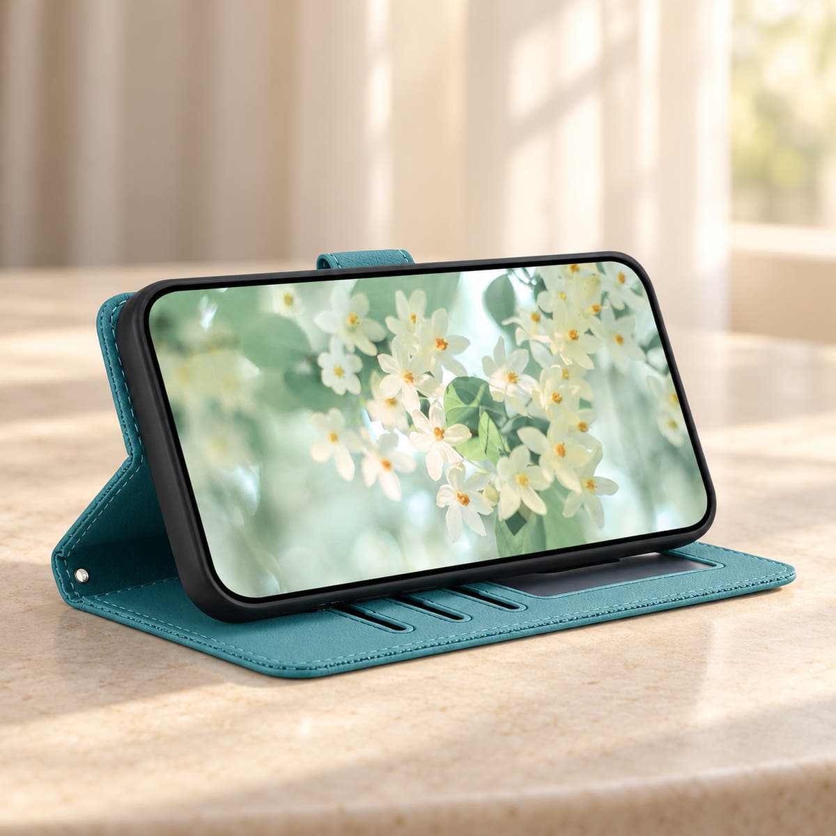 ScarletBloom Forest Green wallet phone case folded into a landscape viewing stand with a matching interior and black phone holder.