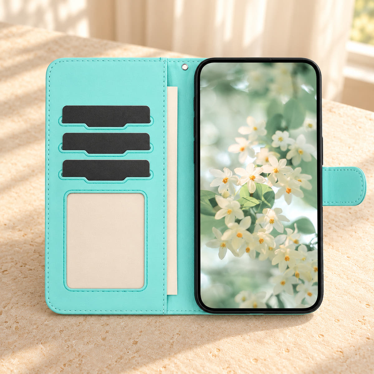 Open ScarletBloom Ice Blue wallet phone case with three shaped card slots, rectangular photo window, notes pocket and matching interior.
