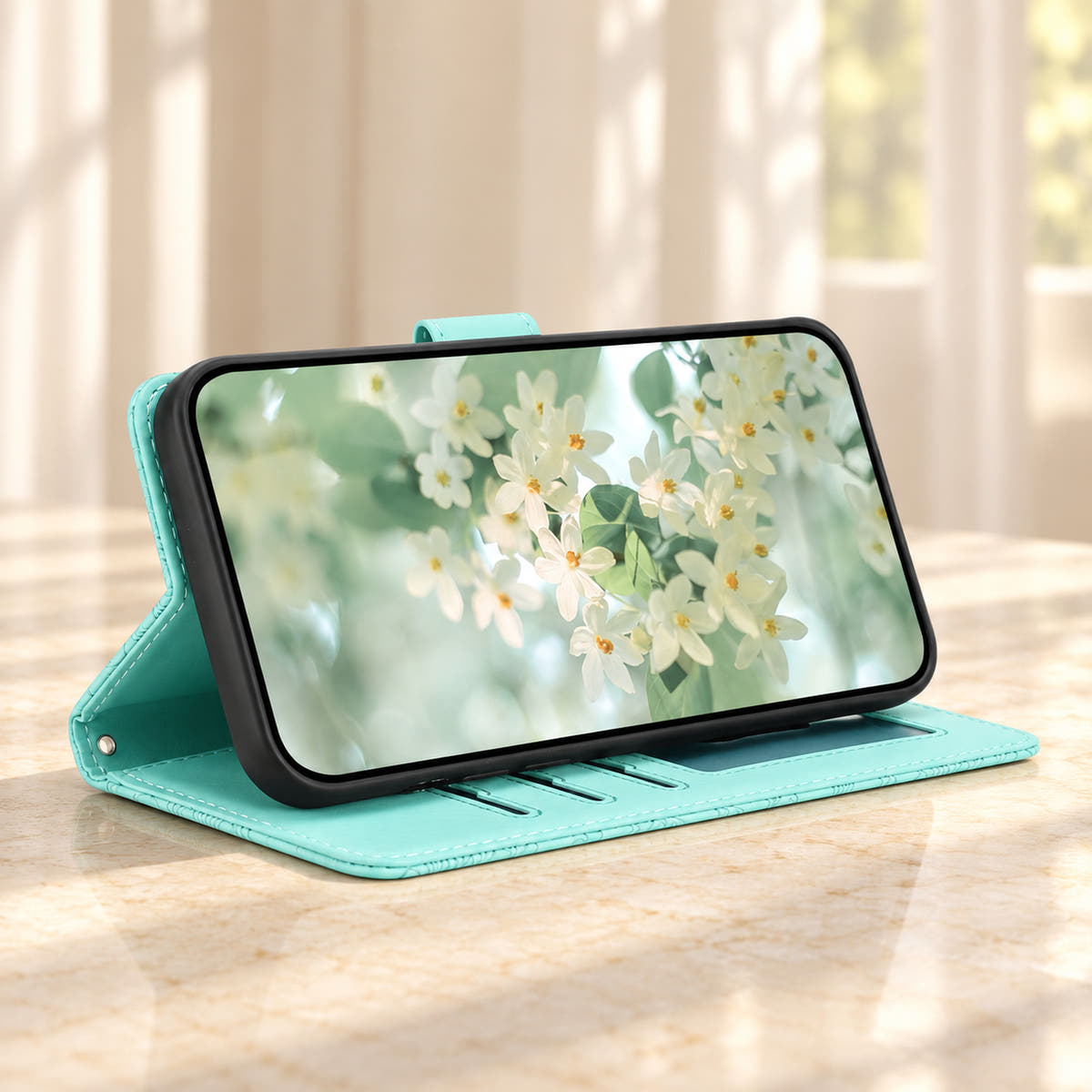 ScarletBloom Ice Blue wallet phone case folded into a landscape viewing stand with a matching interior and black phone holder.