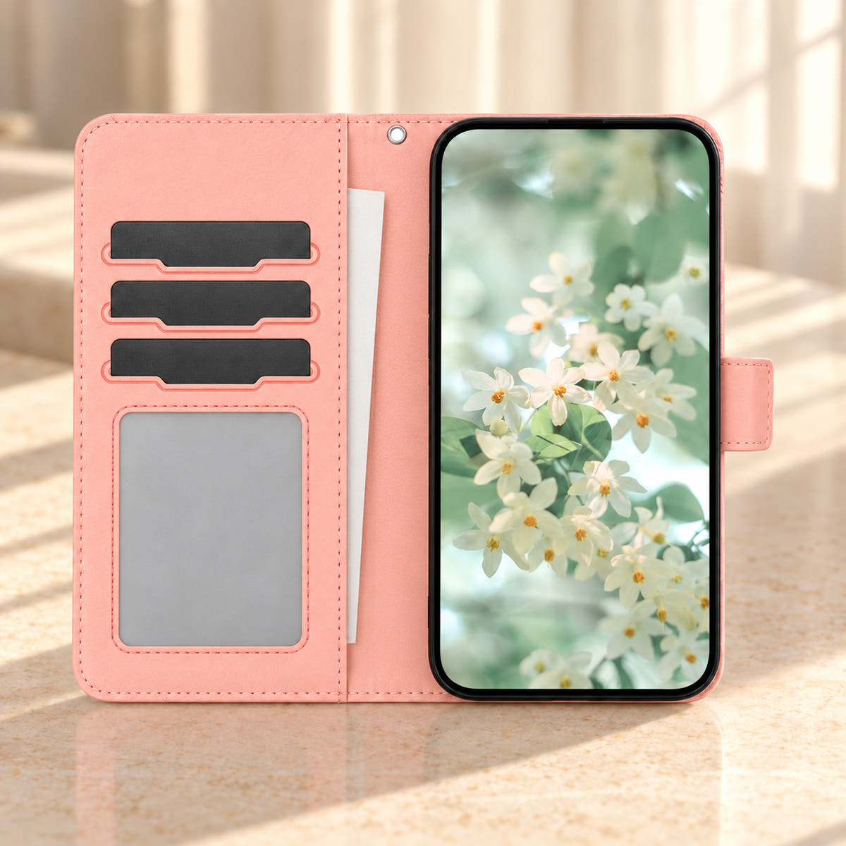 ScarletBloom Pink wallet phone case opened to show three shaped card slots, a rectangular ID window and inner notes pocket.