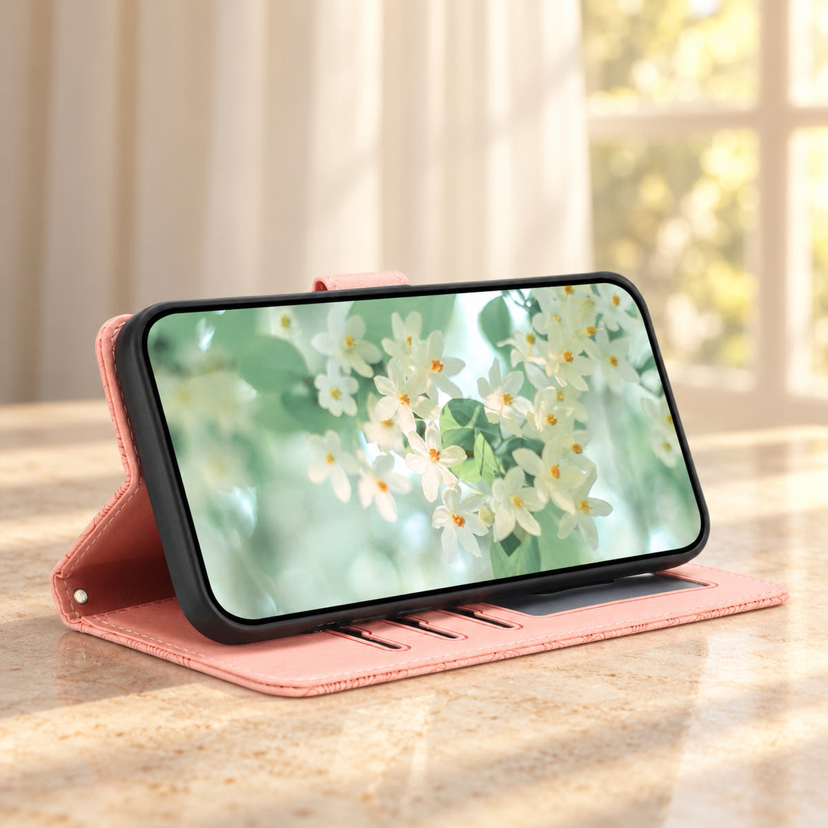 ScarletBloom Pink wallet phone case folded into a landscape viewing stand on a cream limestone tabletop.