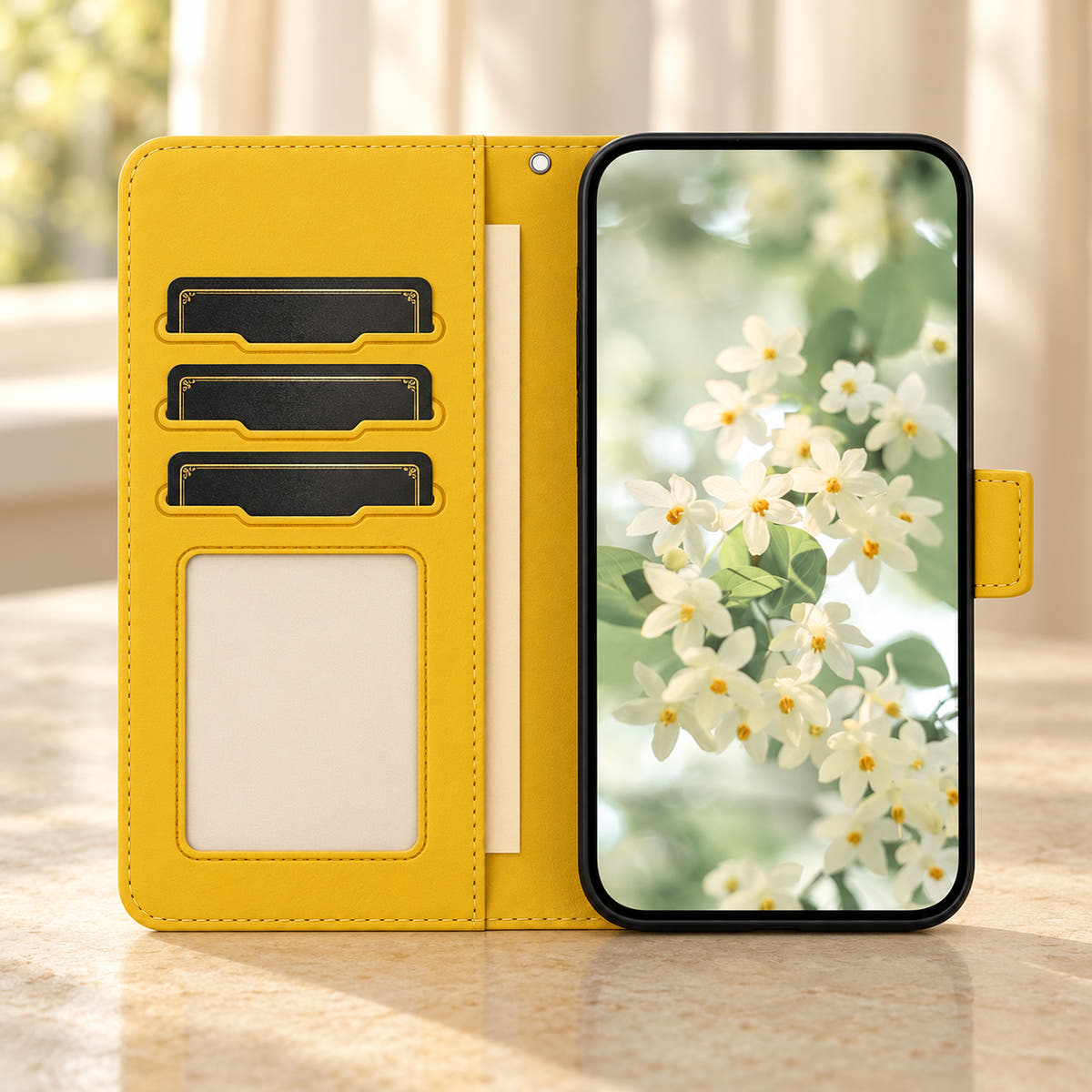 Open Yellow Scarlet Bloom wallet phone case showing three shaped card slots, a rectangular ID or photo window and an inner notes pocket beside the phone.