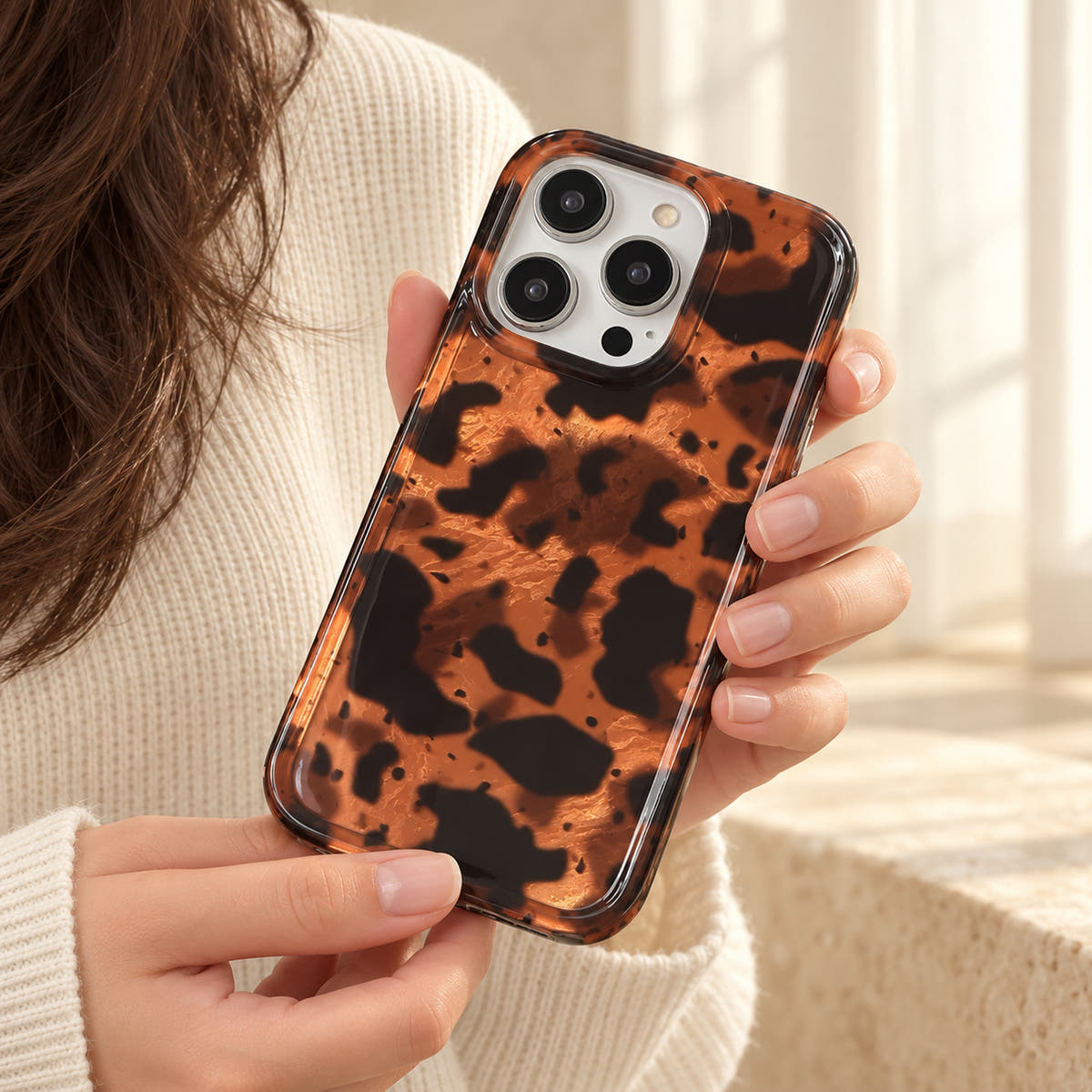 Sienna Luxe Brown tortoiseshell iPhone case held at chest level against a cream knit outfit in soft natural light.