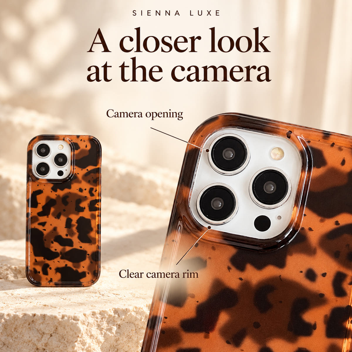 Sienna Luxe camera feature graphic showing the original camera opening and clear camera rim with labelled callouts.