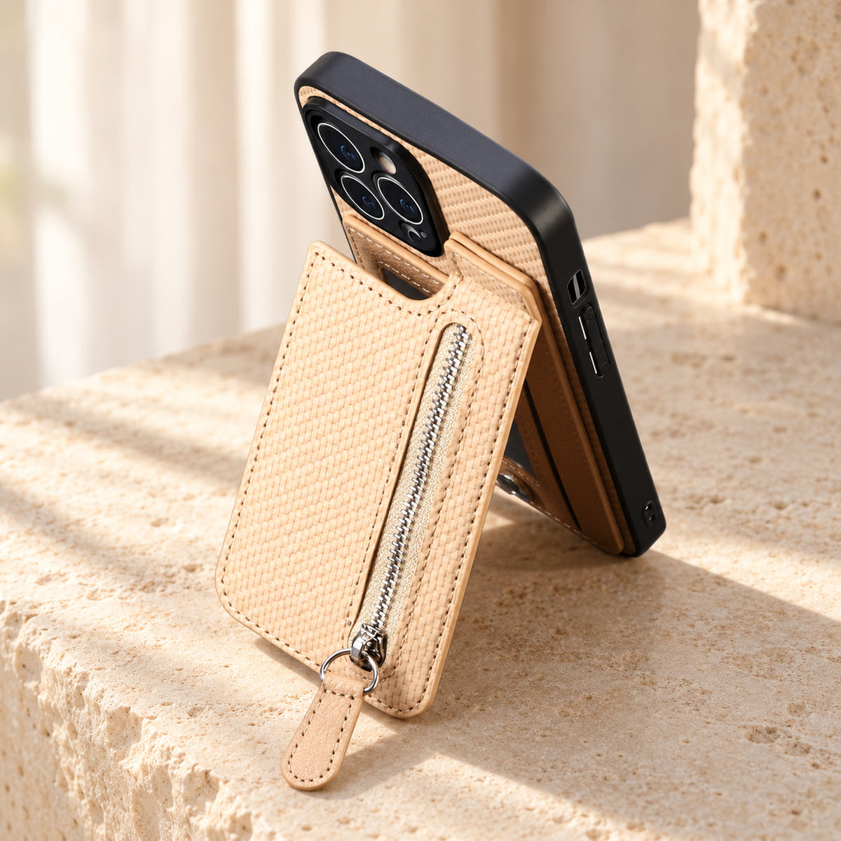 Signature Beige iPhone wallet case shown with its attached rear pocket panel folded outward.