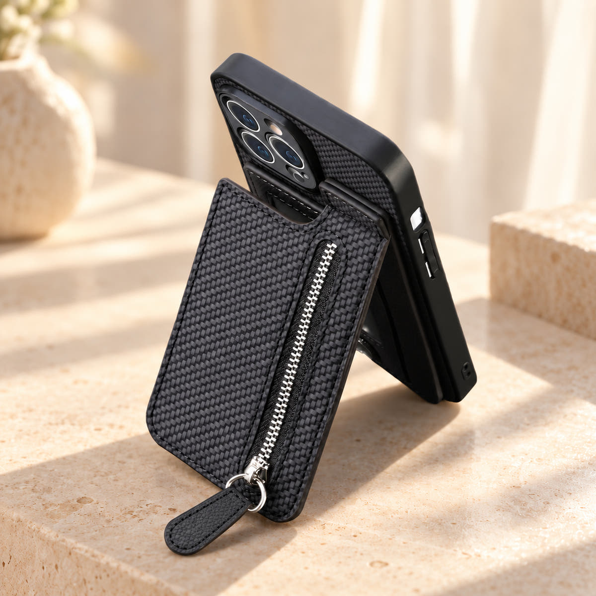 Signature Black iPhone wallet case shown with its attached rear pocket panel folded outward.