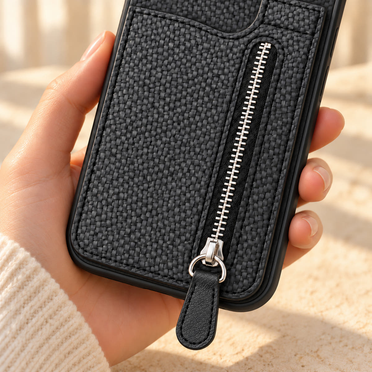 Signature Black iPhone wallet case in a close-up of the zipper, matching pull tab and woven-look texture.
