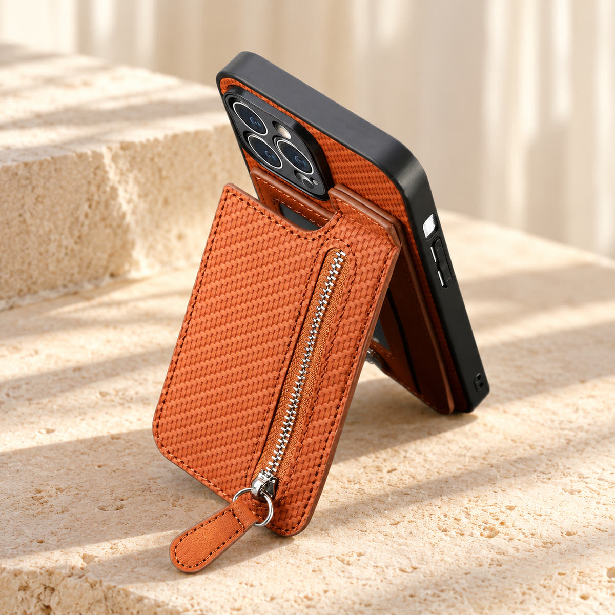 Signature Brown iPhone wallet case shown with its attached rear pocket panel folded outward.