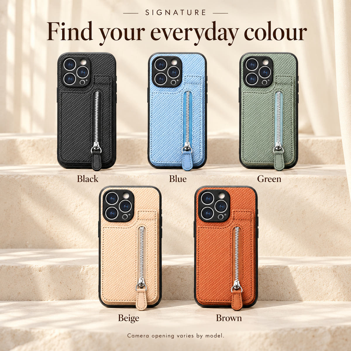 Signature colour guide showing the five existing options: Black, Blue, Green, Beige and Brown.