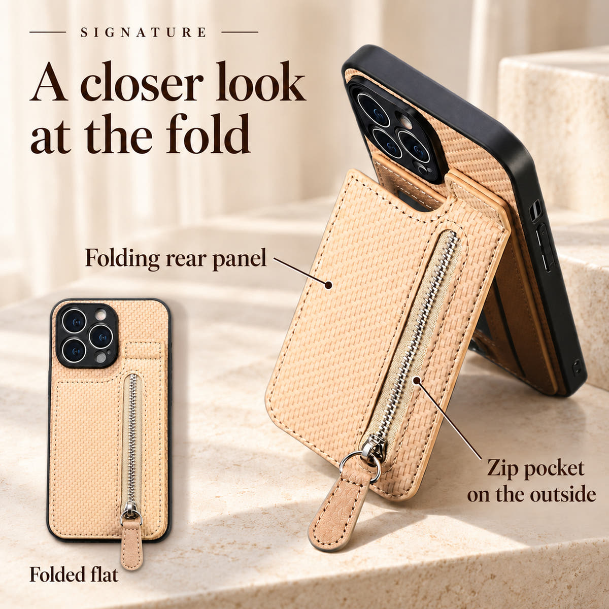 Signature Beige case information image comparing its attached rear pocket panel folded outward and folded flat.
