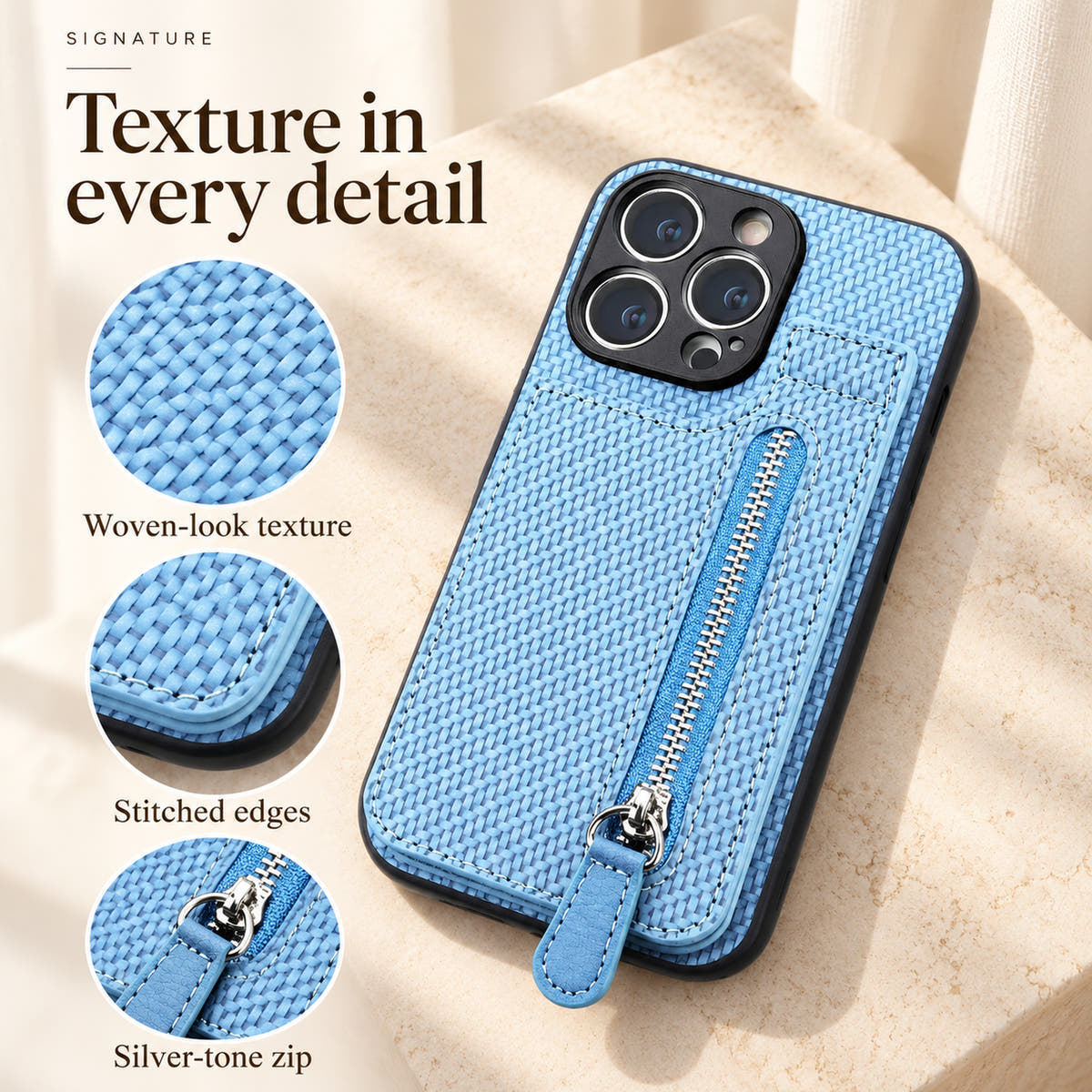 Signature design feature image highlighting woven-look texture, stitched edges and the silver-tone zipper.
