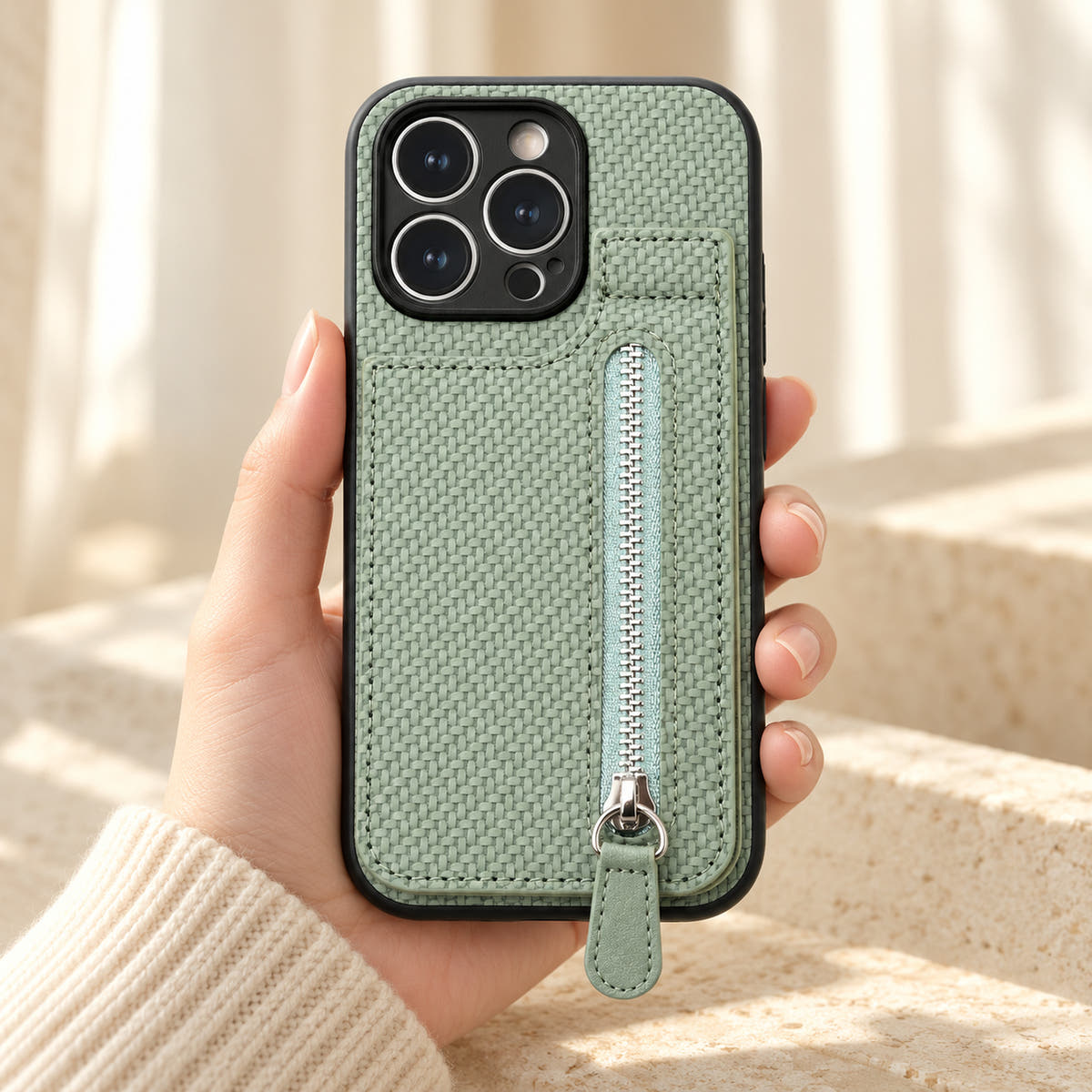 Signature Green iPhone wallet case held in a cream-sleeved hand, showing its textured rear panel and zip pocket.