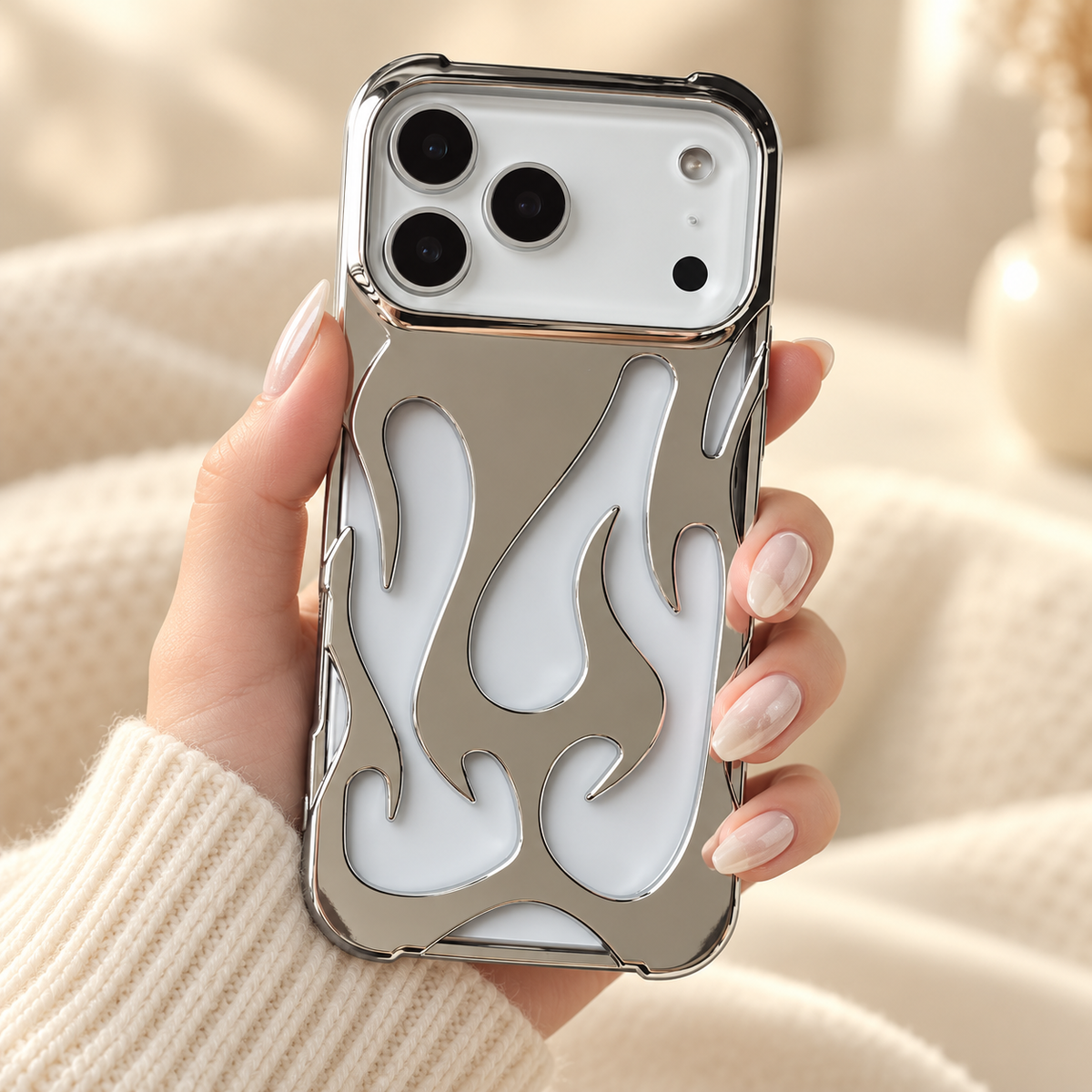 Flame Contrast iPhone Case in Metallic and Black Finishes — Silver, handheld