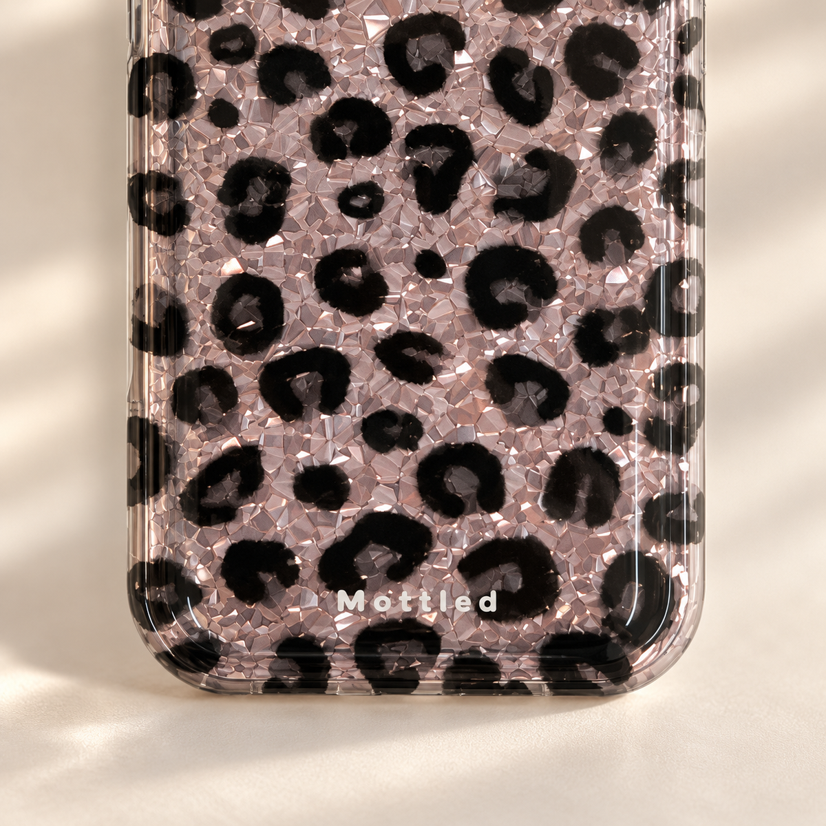 Glitter Leopard iPhone Case in Silver — leopard pattern and finish detail