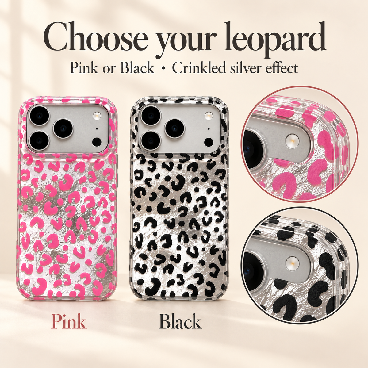 Pink and Black colour guide with two complete Silver Shimmer Leopard cases and matching circular close-ups of their patterned clear camera rims.