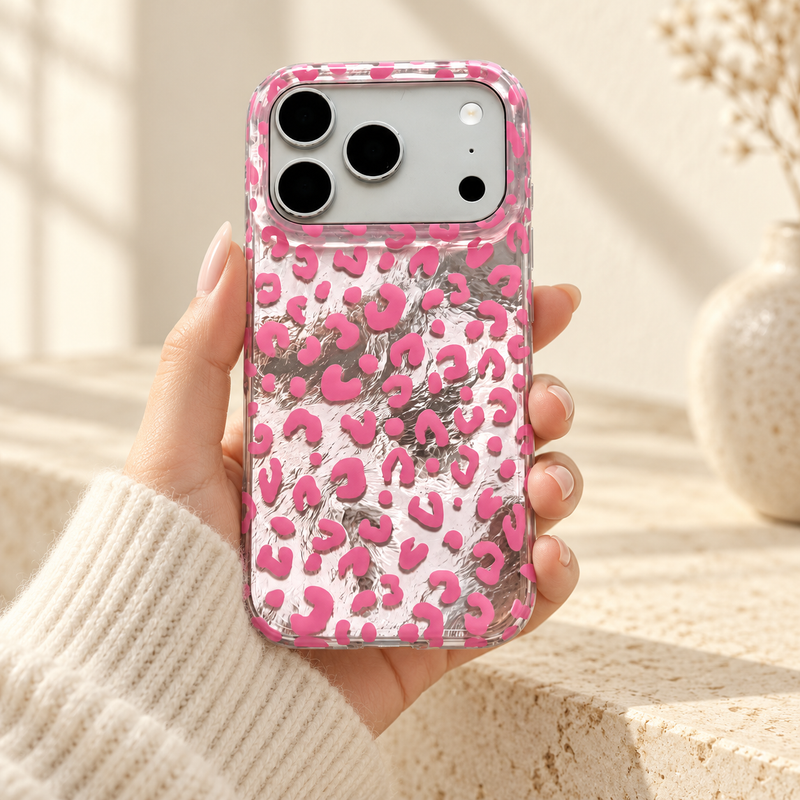 Pink leopard print iPhone case held in one hand, showing the crinkled silver finish and clear patterned edges.